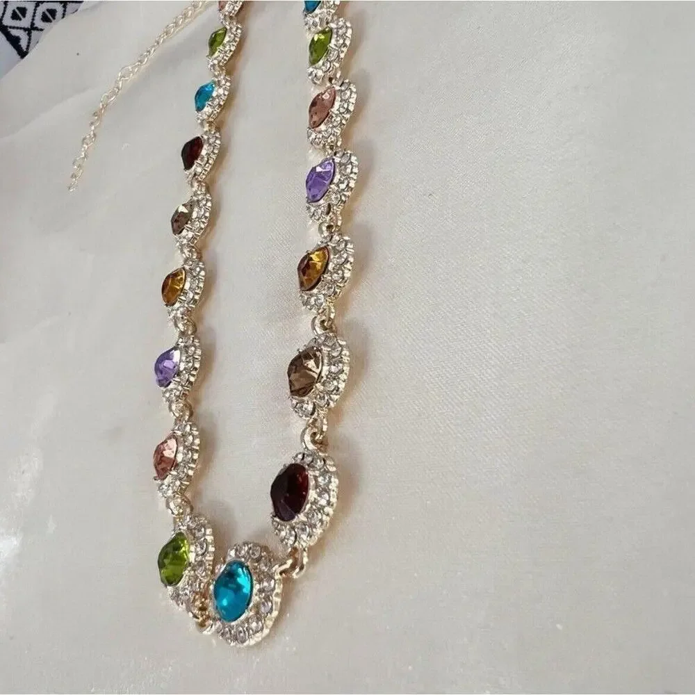 14K Gold Plated Rhinestones Multicolor Necklace Stainless Steel Jewelry Womens